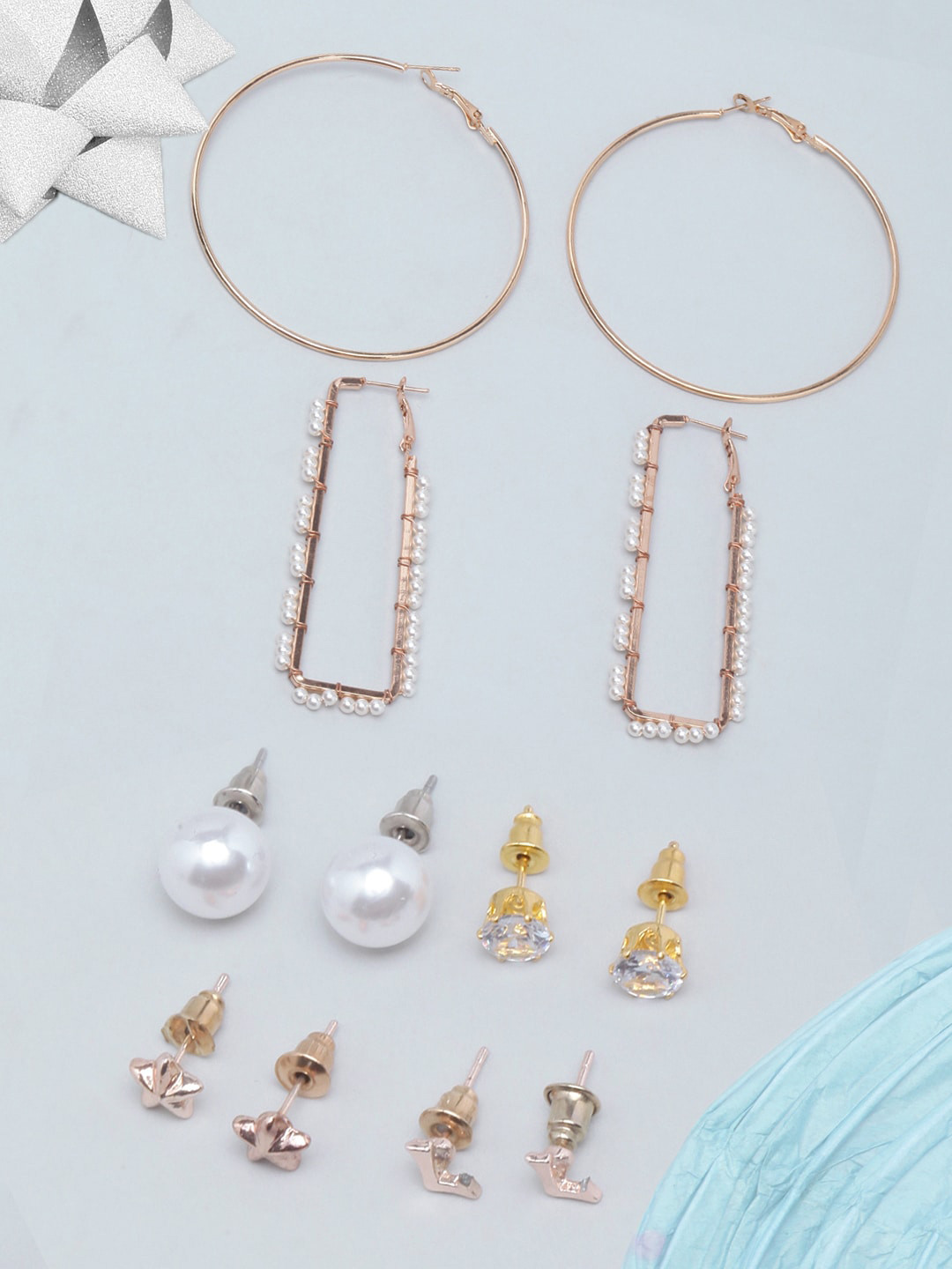 DIVA WALK Set Of 6 Rose Gold Plated Contemporary Earrings