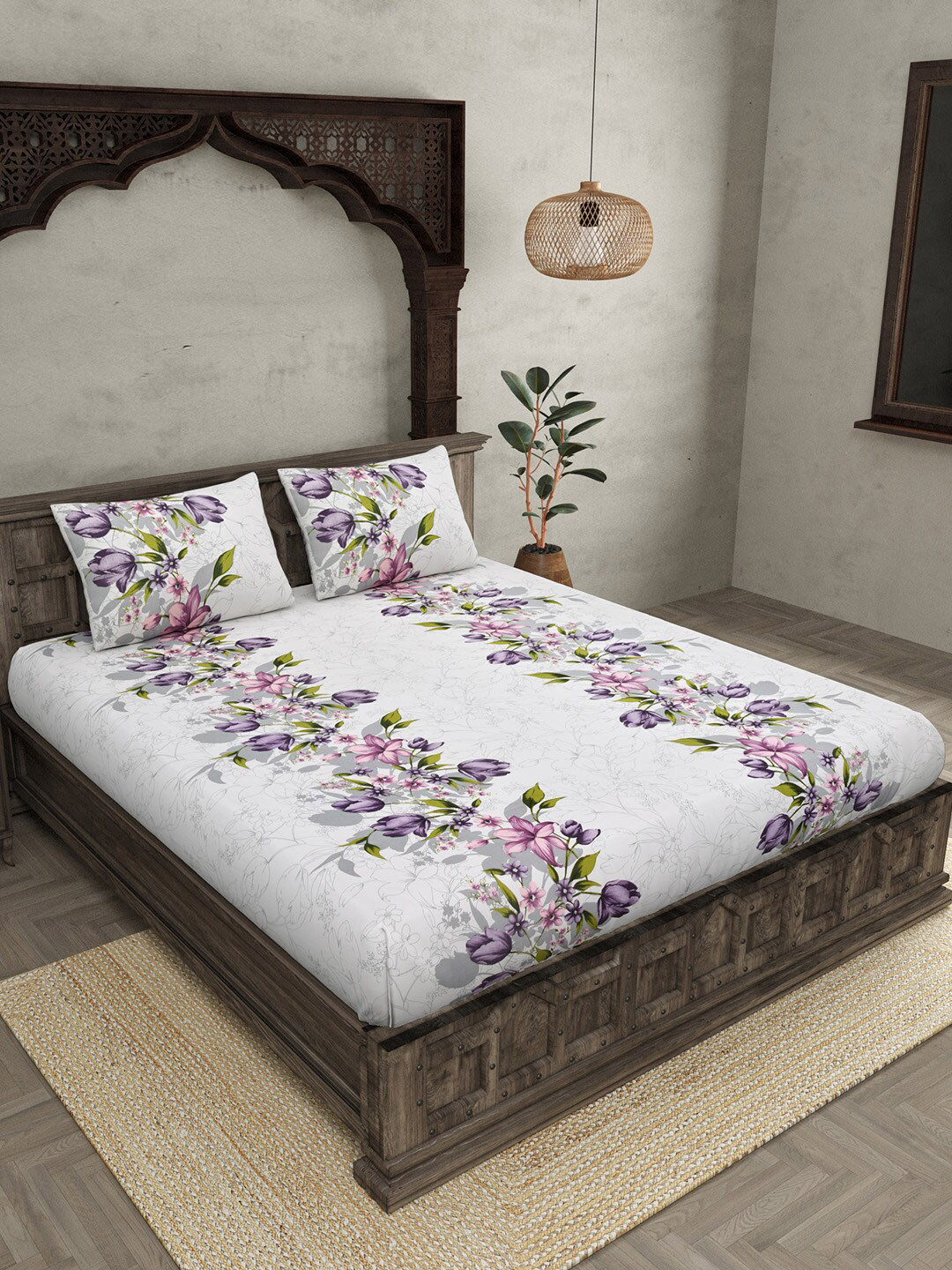 JAIPUR FABRIC Off White Floral Cotton 240 TC King Fine Bedsheet with 2 Pillow Covers-106 x 98 inches