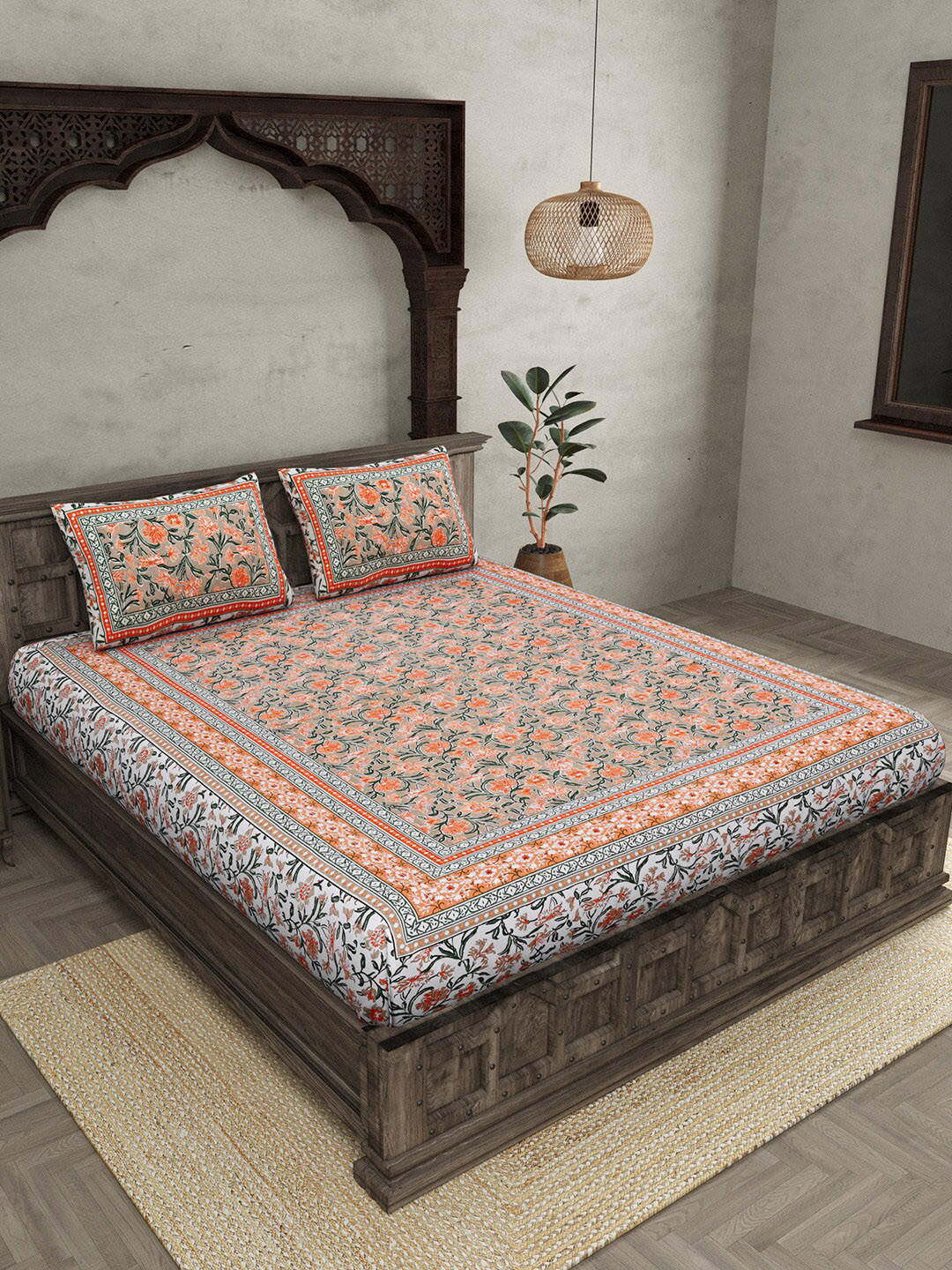 JAIPUR FABRIC Awesome Leaves Orange Floral Cotton 240 TC Queen Bedsheet with 2 Pillow Covers-106 x 83 inches