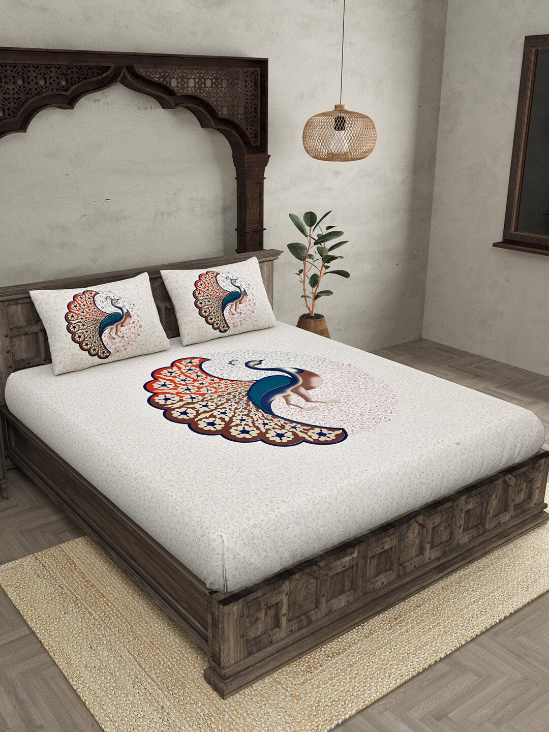 JAIPUR FABRIC Off White Ethnic Motifs Cotton 240 TC King Fine Bedsheet with 2 Pillow Covers-250 x 220 cm