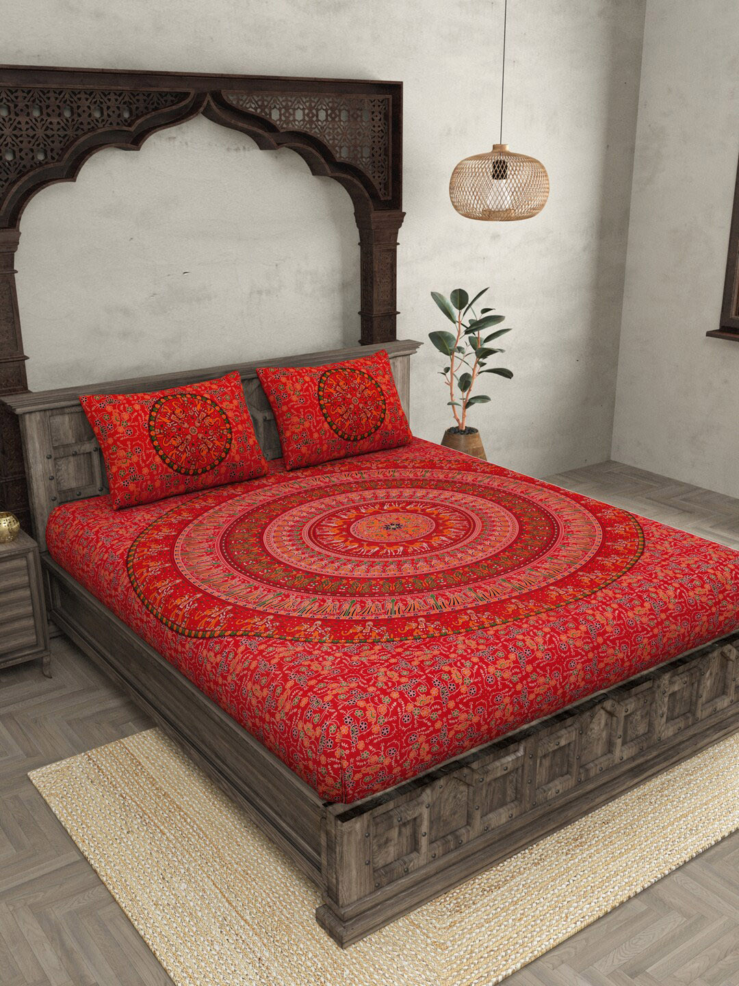 JAIPUR FABRIC Mandala Red Ethnic Motifs Cotton 180 TC Queen Fine Bedsheet with 2 Pillow Covers-87 x 93 inches