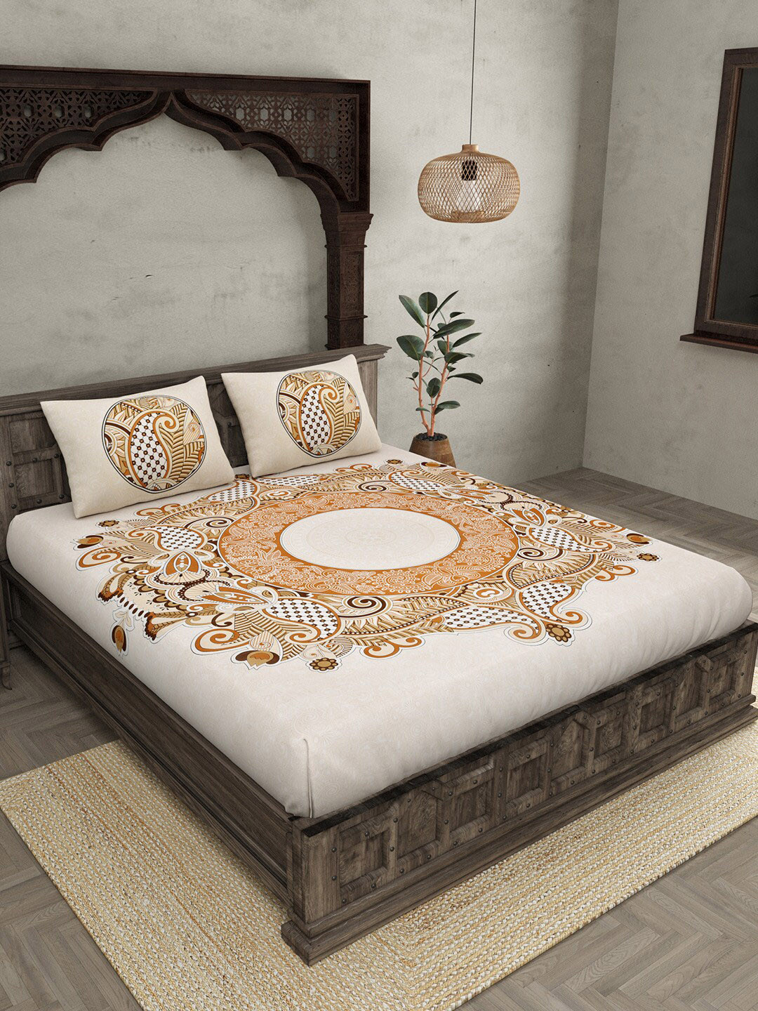 JAIPUR FABRIC Cosmic Kolam Brown Ethnic Motifs Cotton 240 TC Queen Fine Bedsheet with 2 Pillow Covers-108 x 94 inches