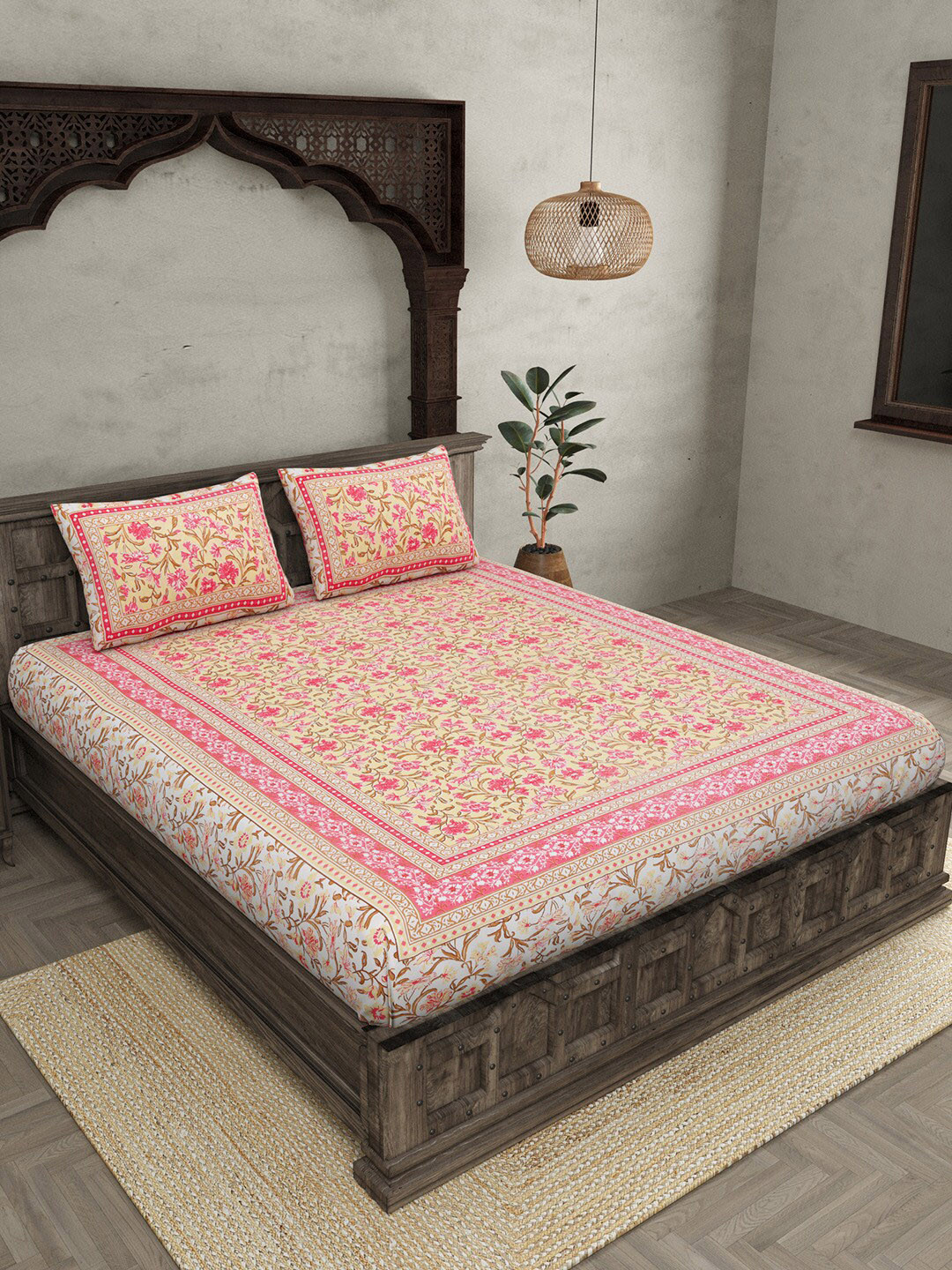 JAIPUR FABRIC Awesome Leaves Yellow Floral Cotton 240 TC Queen Fine Bedsheet with 2 Pillow Covers-106 x 83 inches