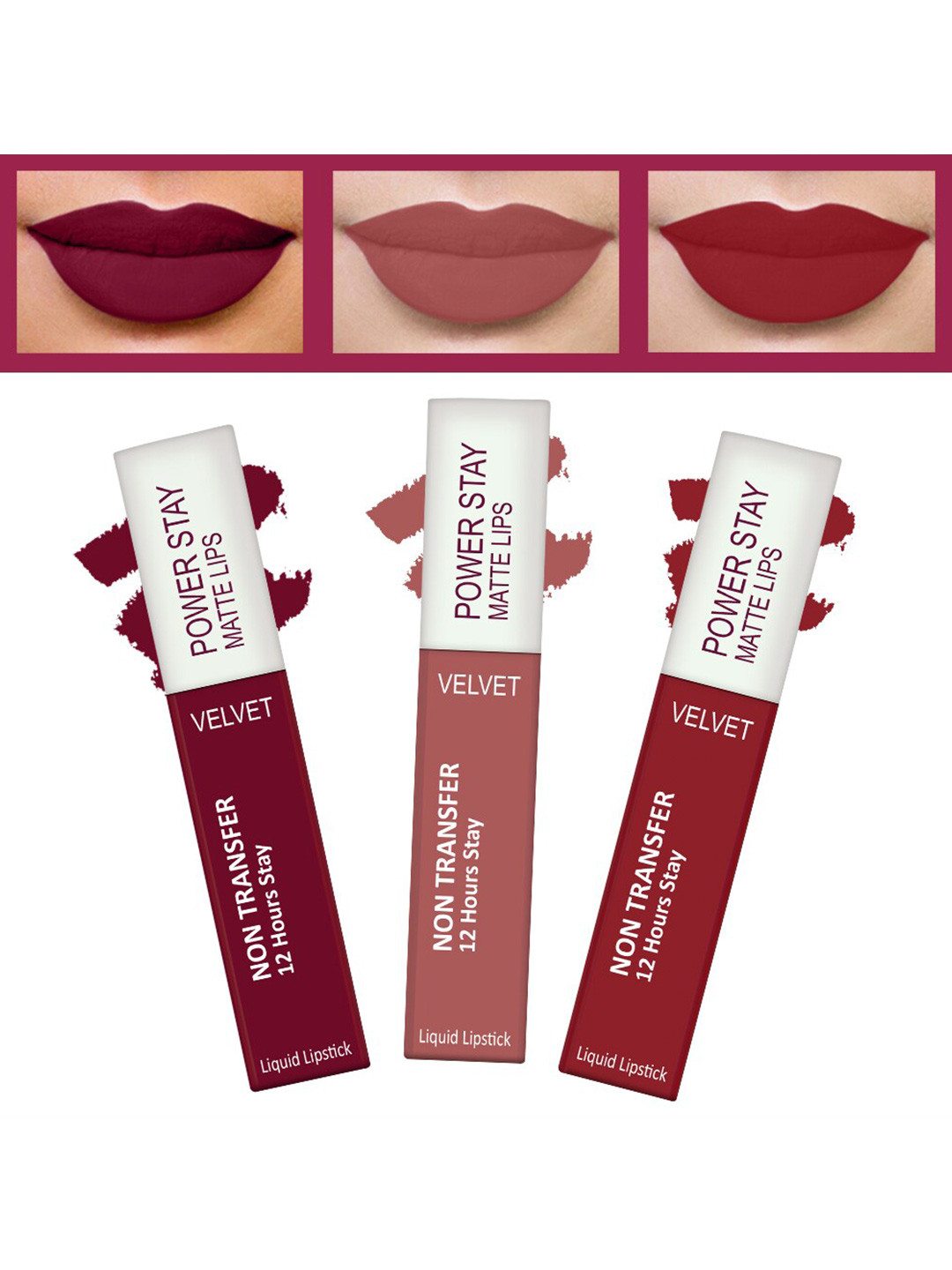 FORFOR Powerstay Set Of 3 Liquid Matte Lipsticks - Bridal Maroon, Sandy Nude, Peppy Red