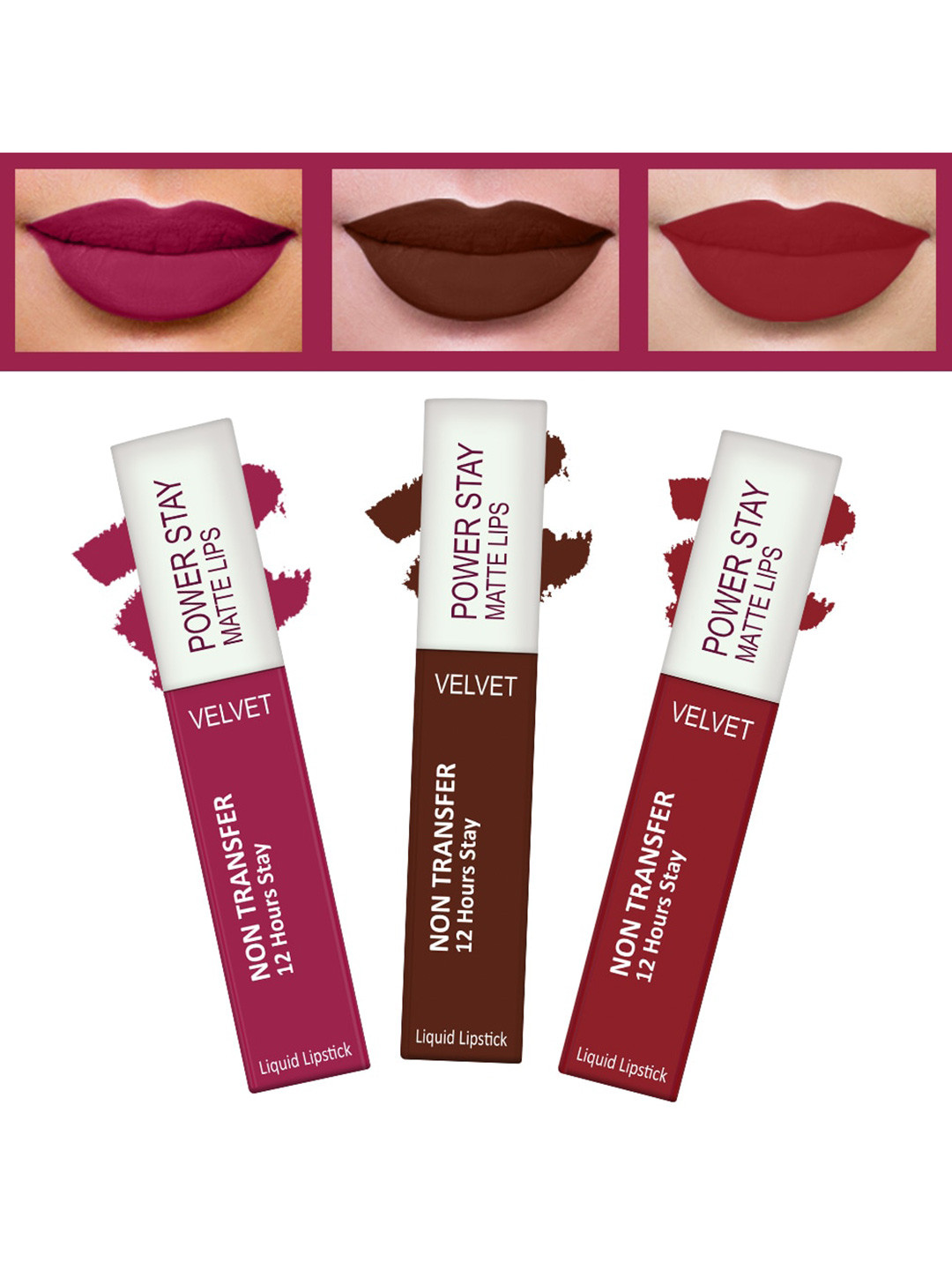 FORFOR Powerstay Set Of 3 Liquid Matte Lipsticks - Pink Blush, Cocoa Brown, Peppy Red