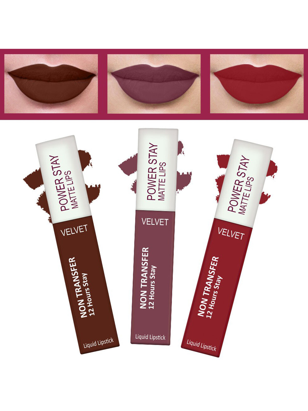 FORFOR Powerstay Set Of 3 Liquid Matte Lipsticks - Cocoa Brown, Mauve Matte, Peppy Red