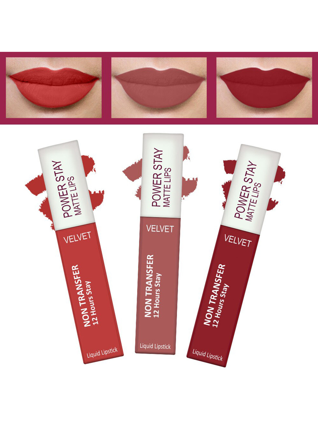 FORFOR Powerstay Set Of 3 Liquid Matte Lipsticks - Candy Red, Sandy Nude, Peppy Red,