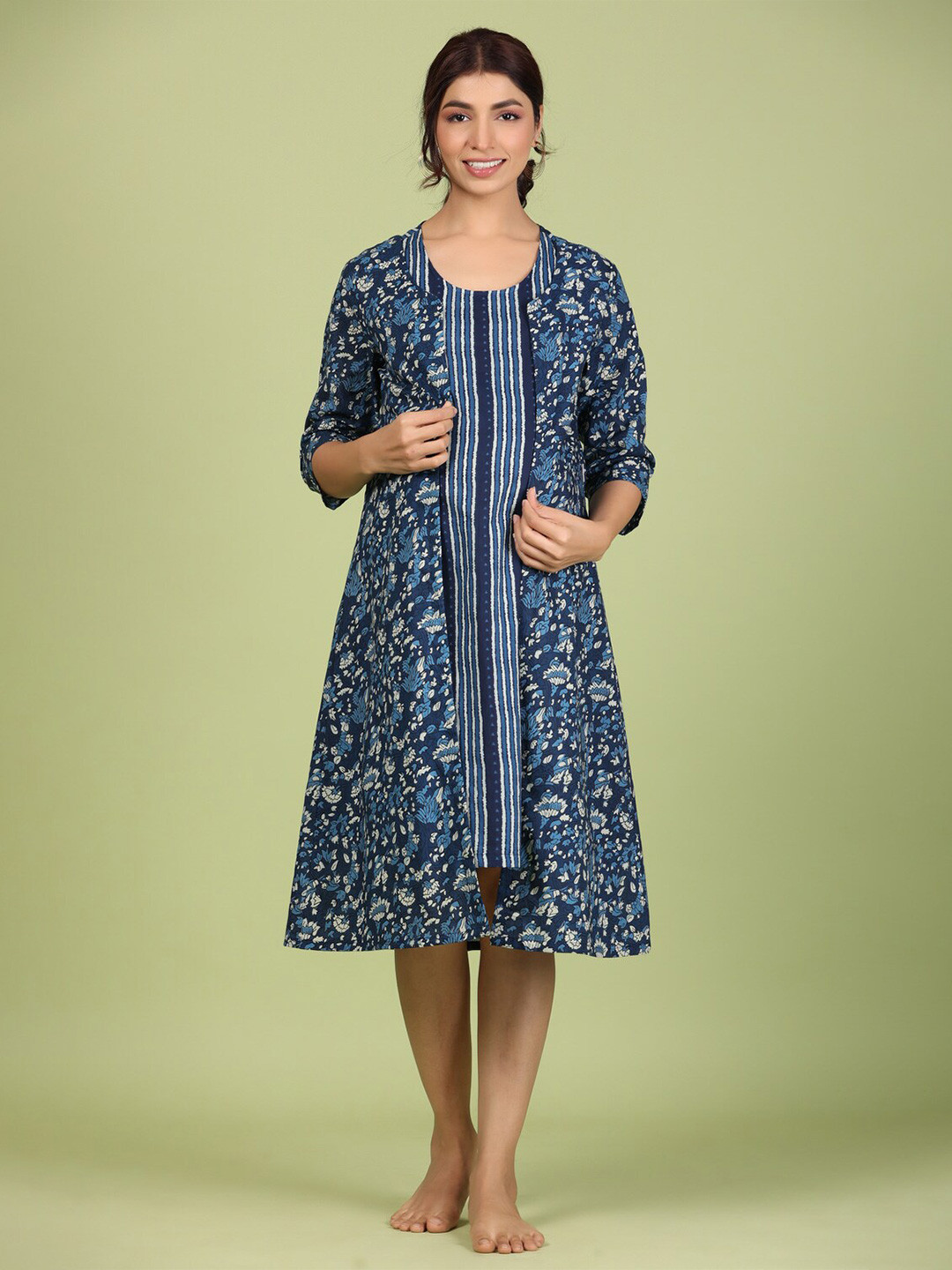 JISORA Floral Printed Round Neck A-Line Cotton Dress