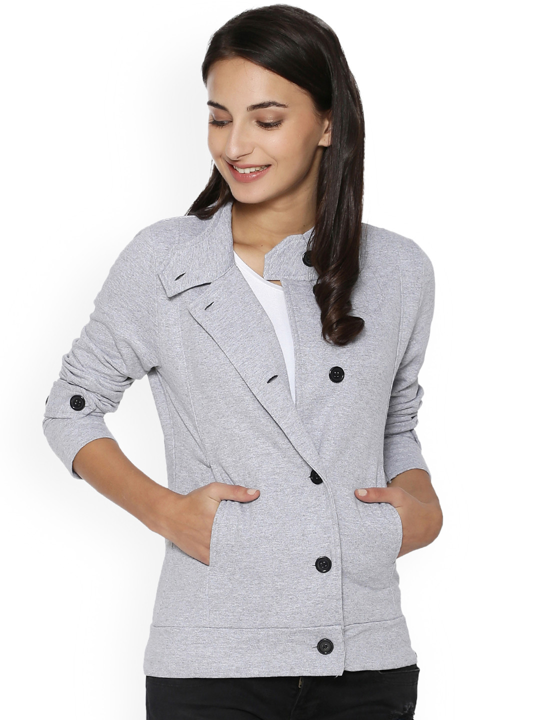 Campus Sutra Women Grey Solid Tailored Jacket
