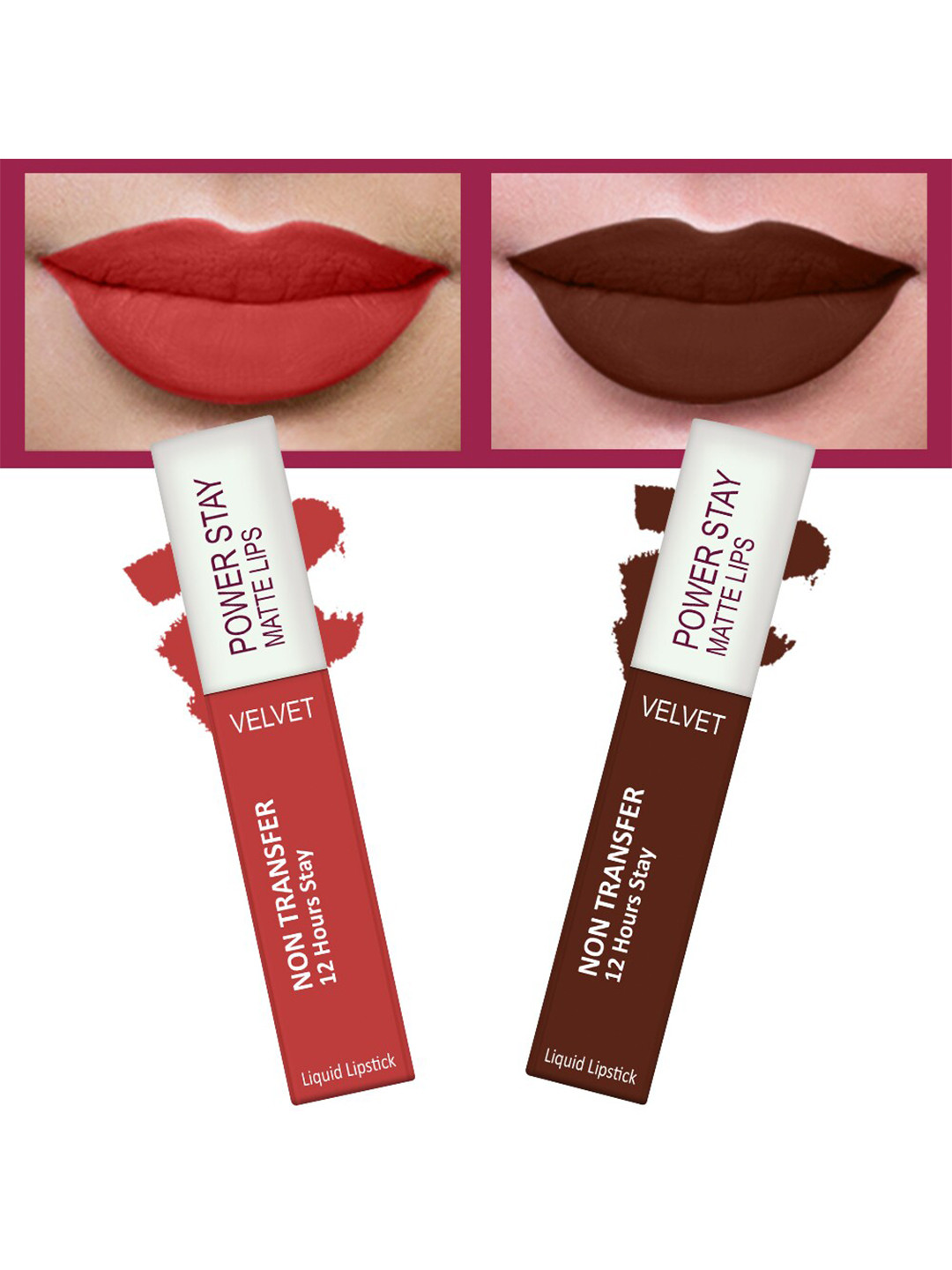 FORFOR Set of 2 Power Stay Matte Lips Non-Transfer 12 Hours Stay Velvet Matte Liquid Lipstick 4 ml Each- Candy Red 01-Cocoa Brown 16