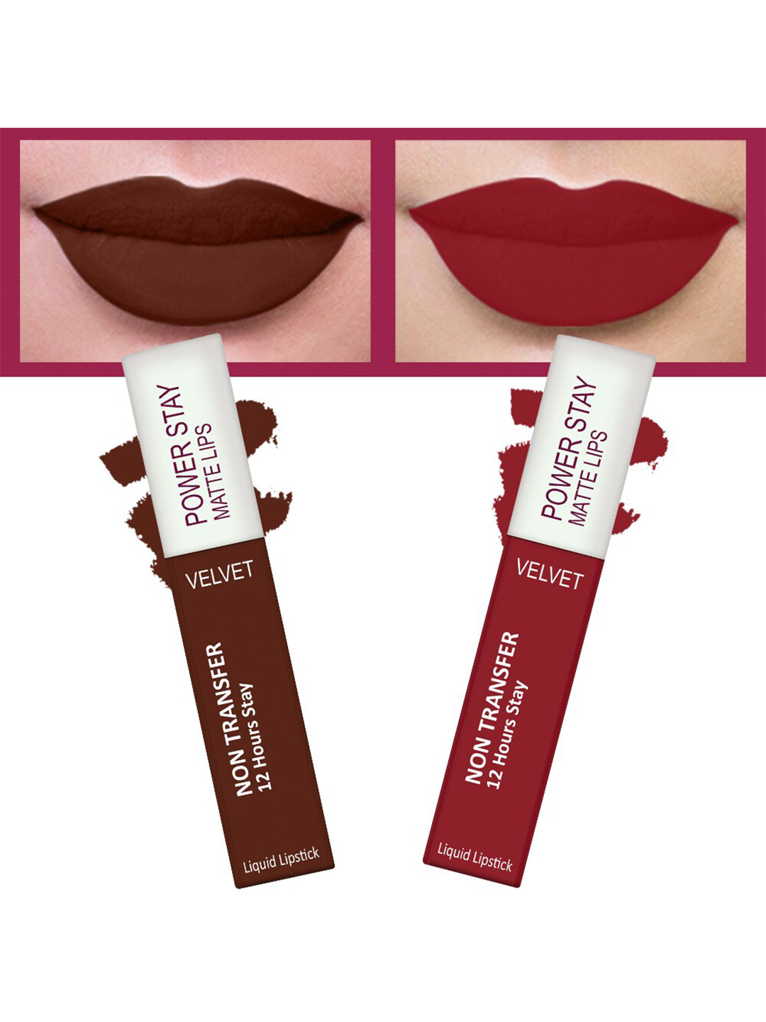 FORFOR Set of 2 Power Stay Matte Lips Non-Transfer 12 Hours Stay Velvet Matte Liquid Lipstick 4 ml Each- Cocoa Brown 16-Peppy Red 22
