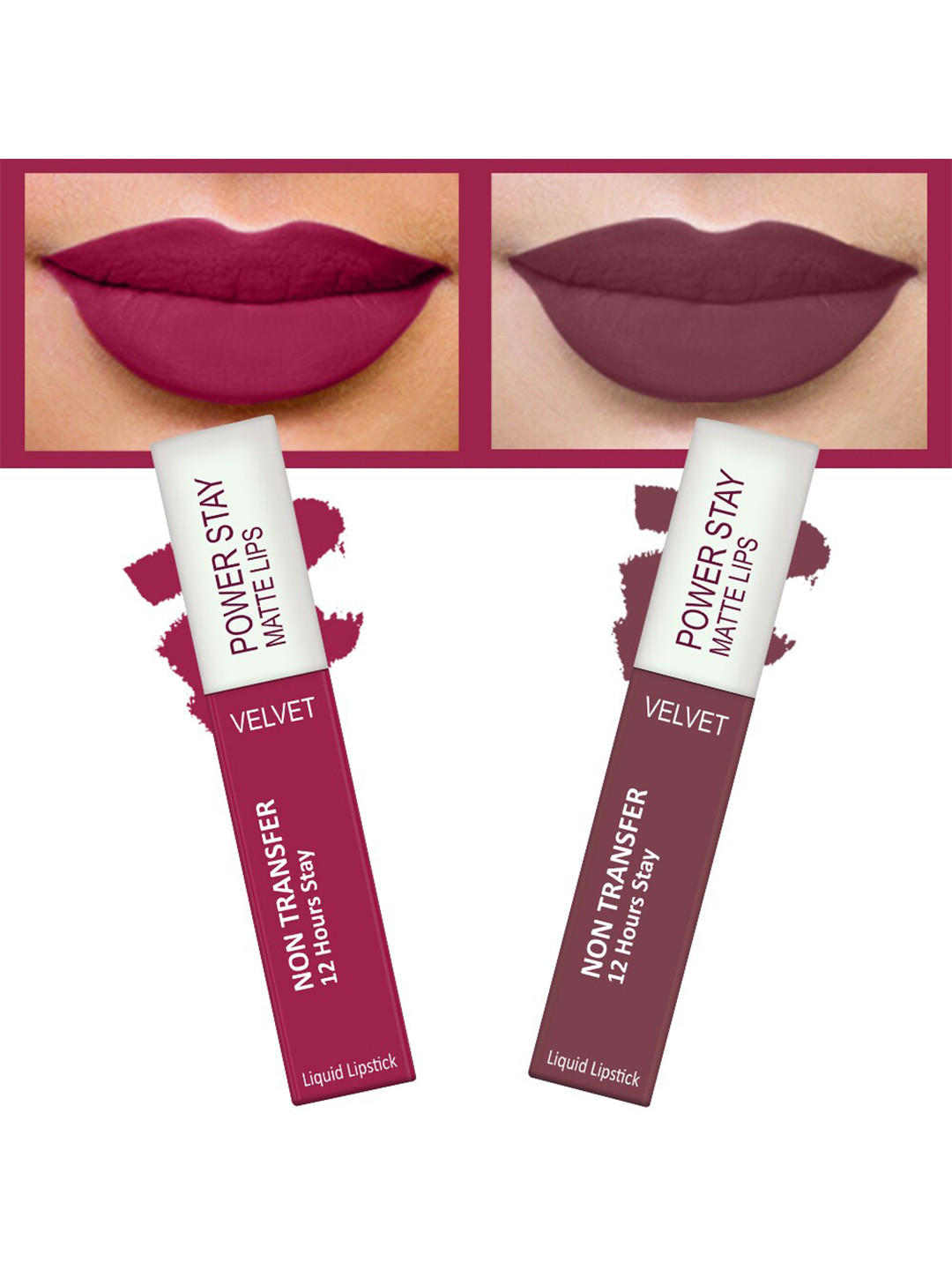 FORFOR Set of 2 Power Stay Matte Lips Non-Transfer 12 Hours Stay Velvet Matte Liquid Lipstick 4 ml Each- Pink Blush 10 - Mauve Matte 23