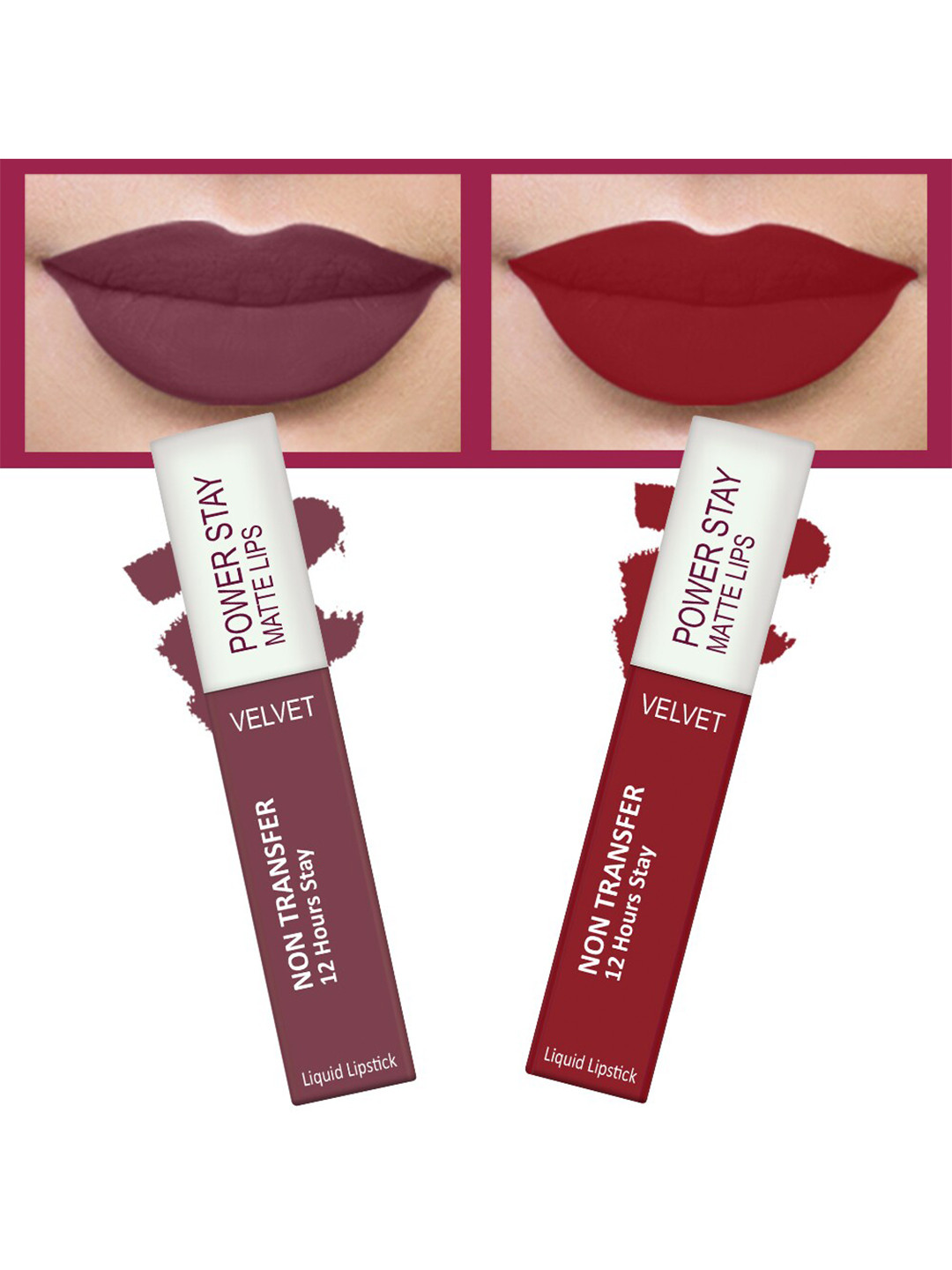 FORFOR Set of 2 Power Stay Matte Lips Non-Transfer 12 Hours Stay Velvet Matte Liquid Lipstick 4 ml Each- Mauve Matte 23-Peppy Red 22
