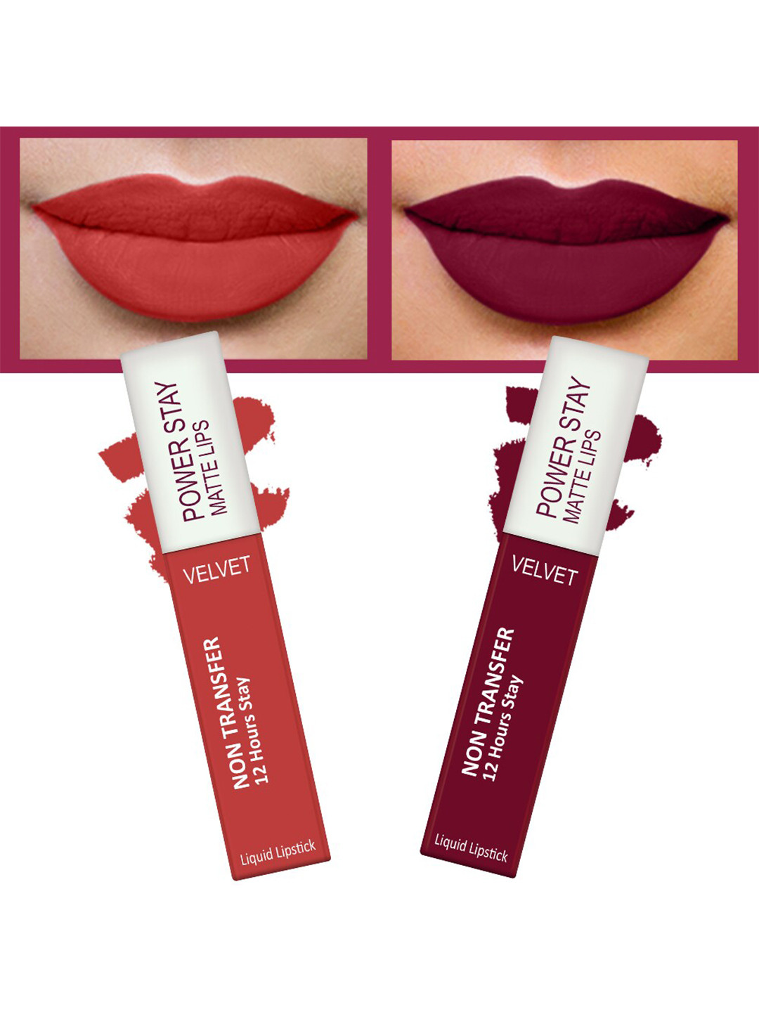 FORFOR Set of 2 Power Stay Matte Lips Non-Transfer 12 Hours Stay Velvet Matte Liquid Lipstick 4 ml Each- Bridal Maroon 09-Candy Red 01