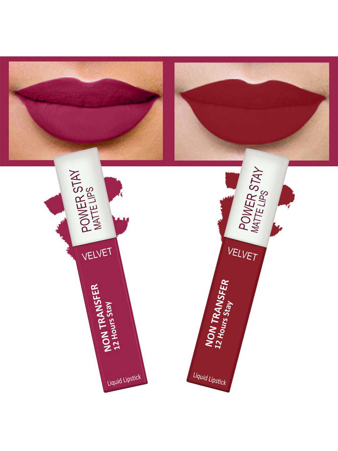 FORFOR Set of 2 Power Stay Matte Lips Non-Transfer 12 Hours Stay Velvet Matte Liquid Lipstick 4 ml Each- Pink Blush 10 - Peppy Red 22