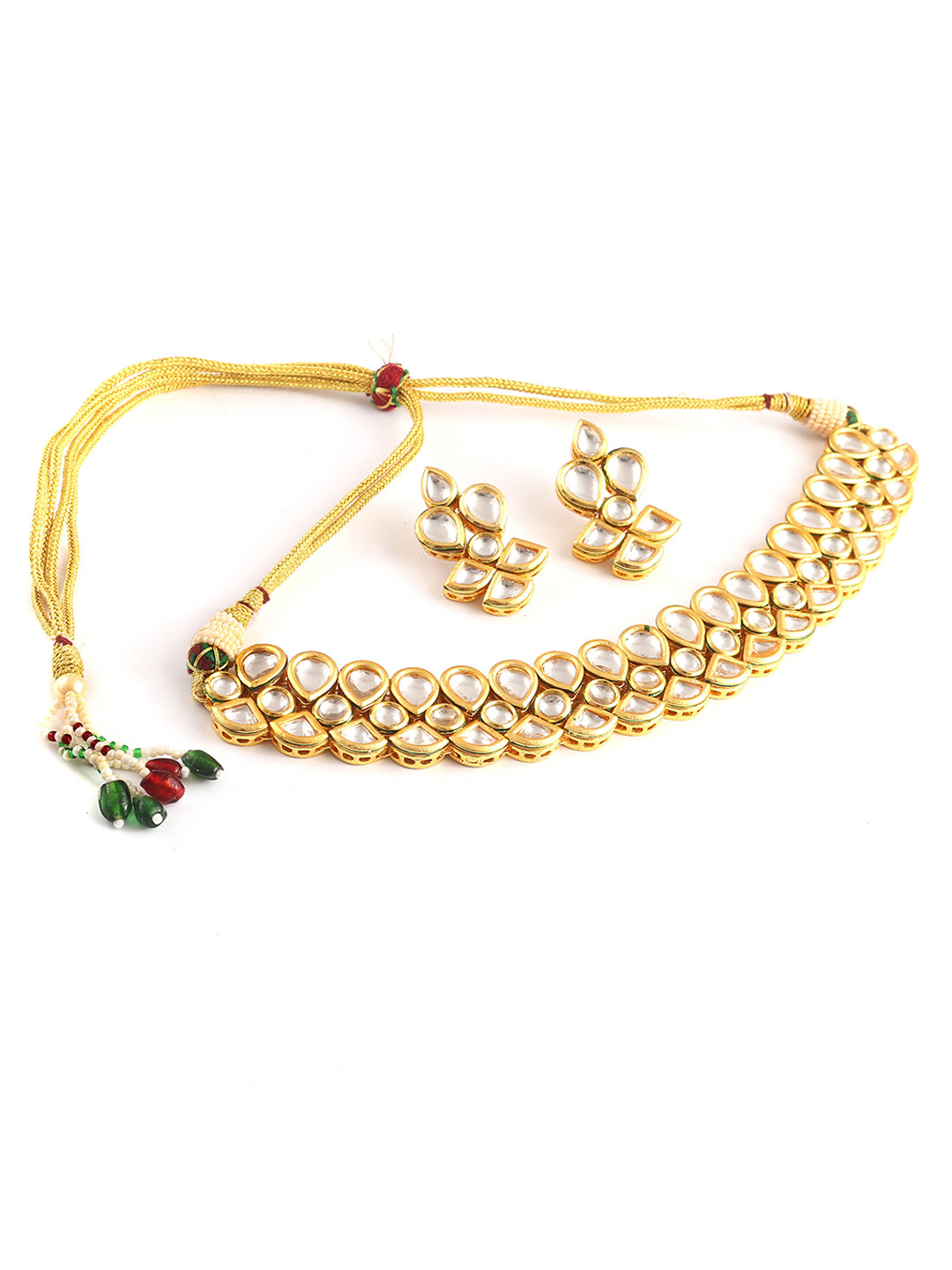 Jewar Mandi Gold-Plated Kundan-Studded Enameled Back Side Three Layer Jewellery Set