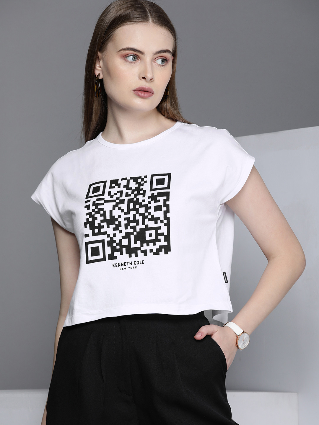 Kenneth Cole Purpose Tee Women Bright White Graphic Extended Sleeves Pure Cotton T-shirt