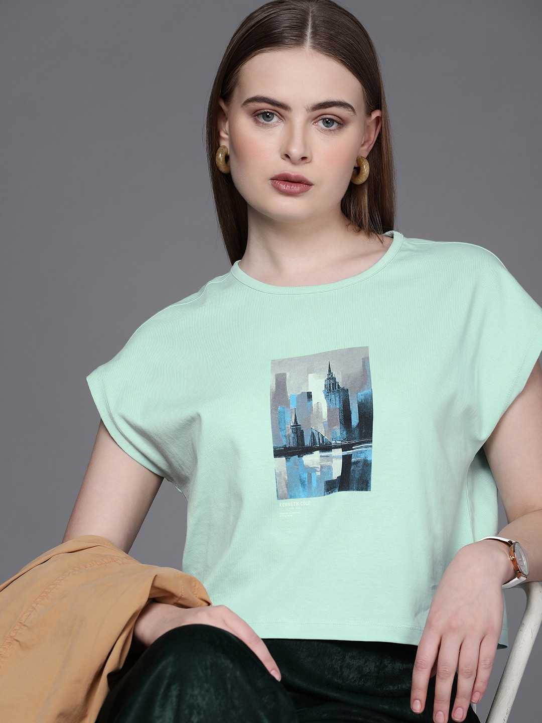 Kenneth Cole Women Graphic Printed Extended Sleeves Pure Cotton T-shirt