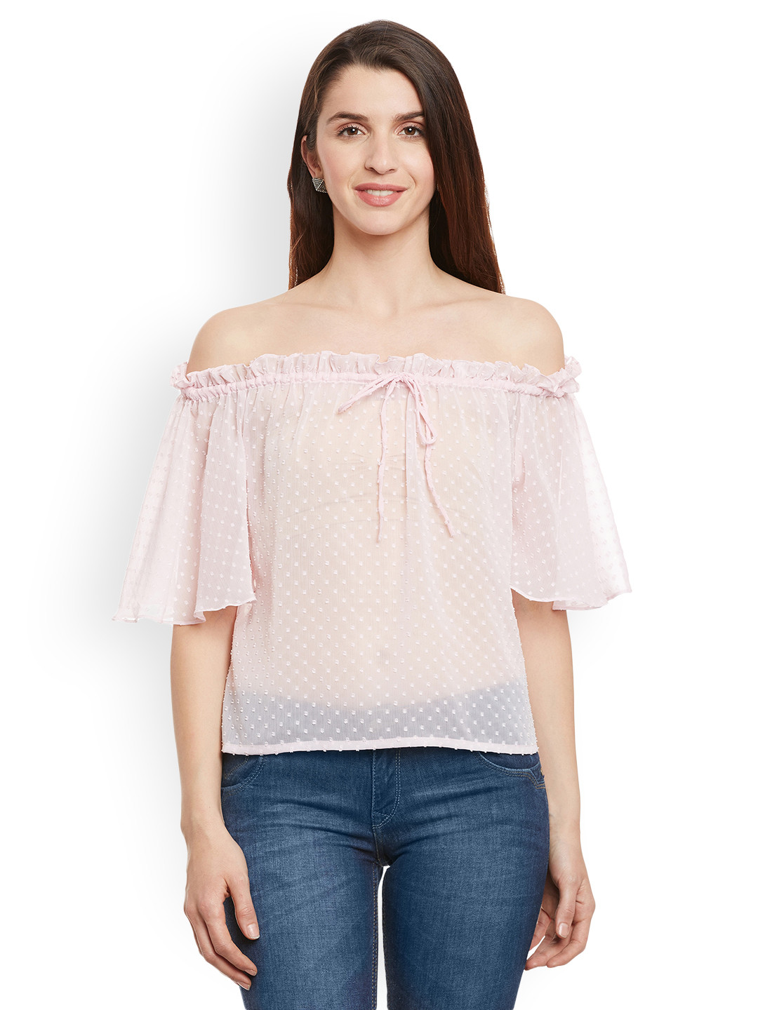 Miss Chase Women Pink Self Design Bardot Top
