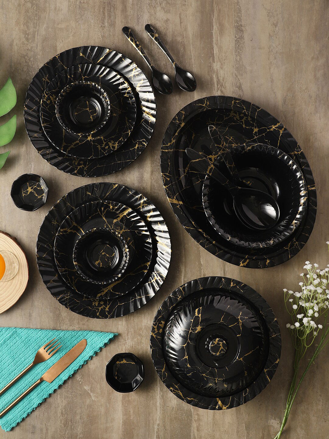 CDI Black Marble Melamine Microwave Safe 46 Piece Dinner Set