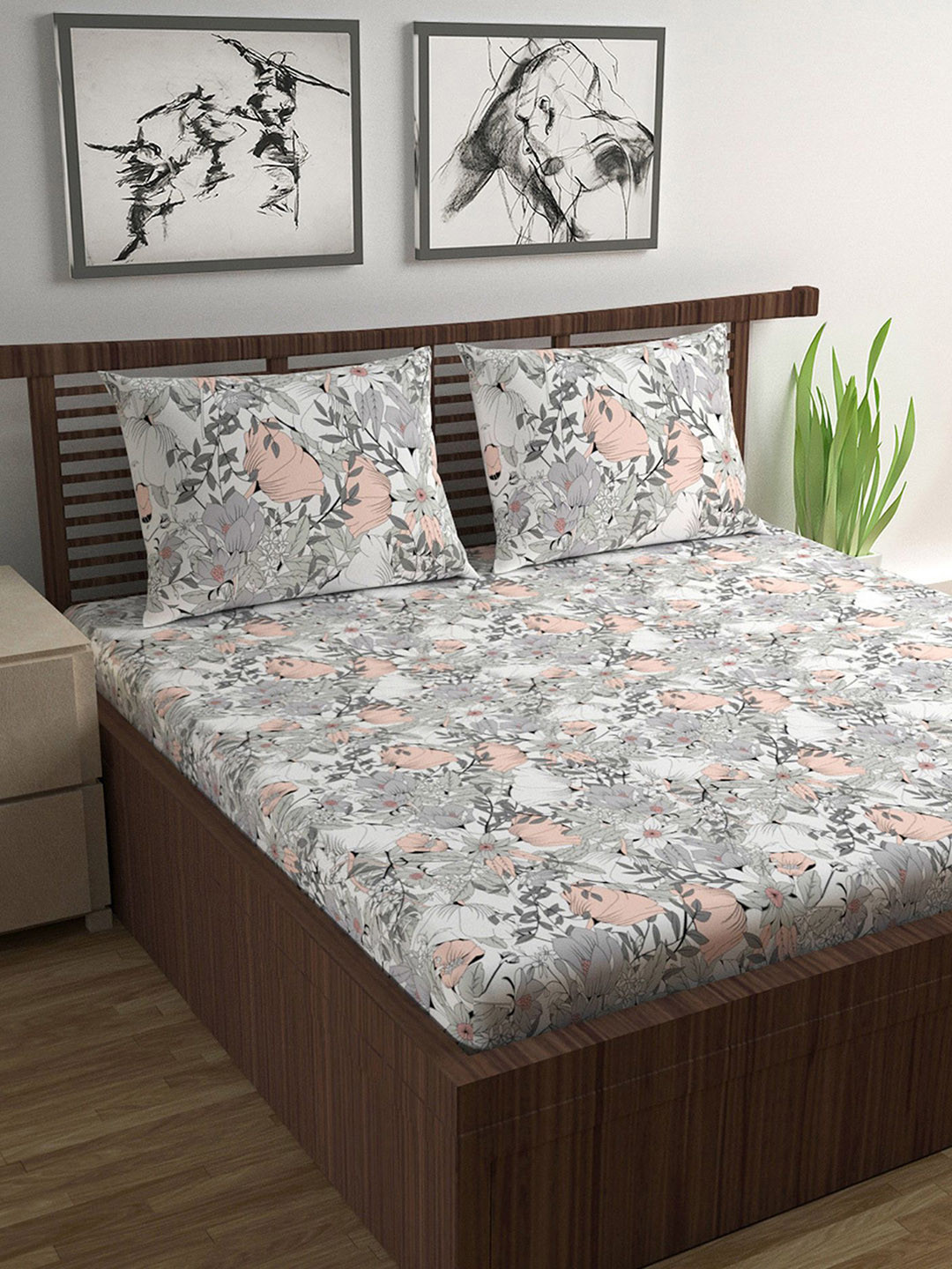 Divine Casa Garden Bliss Peach Floral Cotton Breathable 120 TC Queen Bedsheet with 2 Pillow Covers-87 x 100 inches