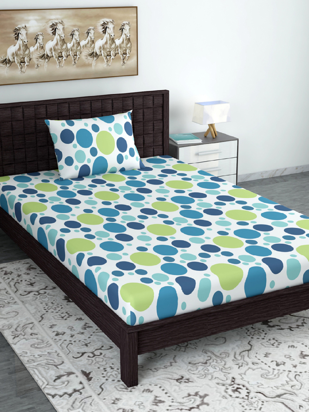 Divine Casa Garden Bliss Blue Geometric Cotton Breathable 144 TC Single Bedsheet with a Pillow Cover-59 x 91 inches