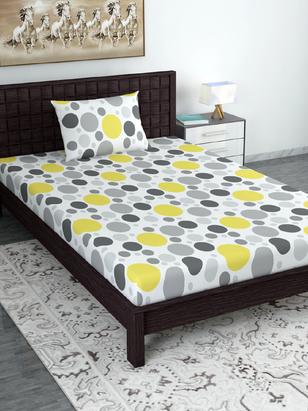 Divine Casa Garden Bliss Yellow Geometric Pure Cotton Breathable 144 TC Fitted Single Bedsheet with a Pillow Cover-59 x 91 inches