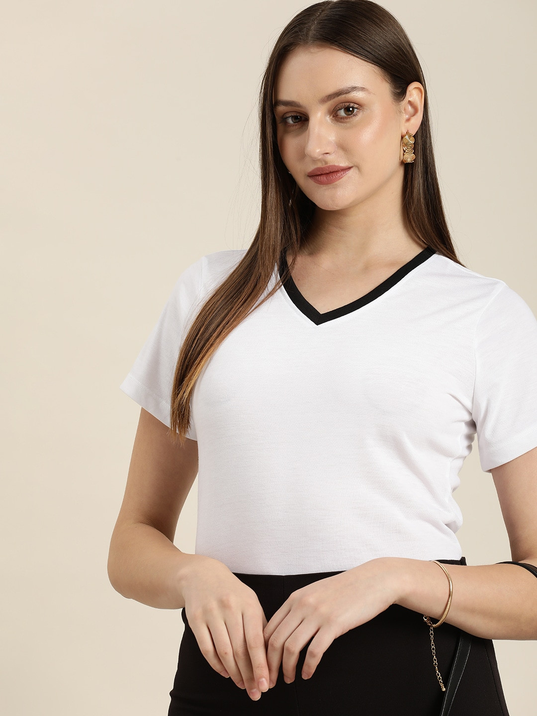 All About You Women Solid V-Neck T-shirt