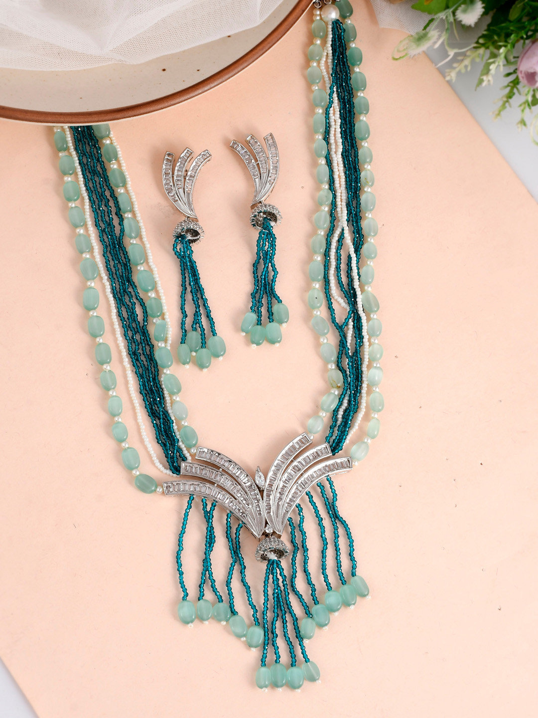 Silvermerc Designs Silver-Plated AD Stone-Studded  & Beaded Heavy Layered Jewellery Set