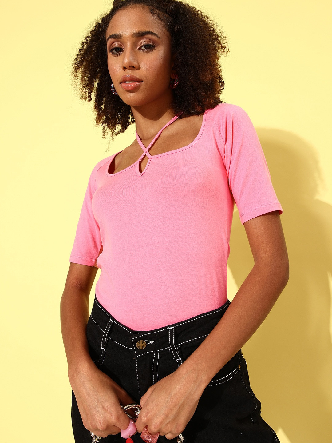 Mast & Harbour Bright Pink 90's Hollaback Halter Neck It Is T-shirt