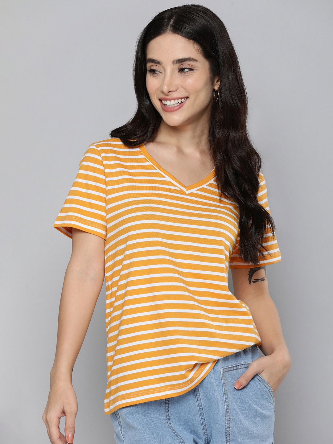 Buy Mast & Harbour Women Pure Cotton Striped V Neck T Shirt - Tshirts for  Women 21188116