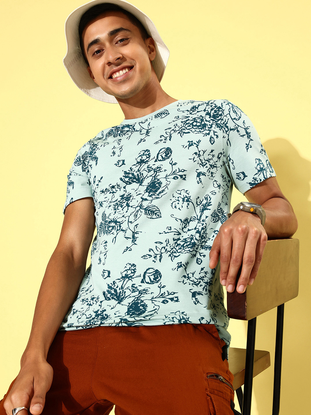 Mast & Harbour Sage Green & Blue Floral Resort Fantasy Pure Cotton T-shirt