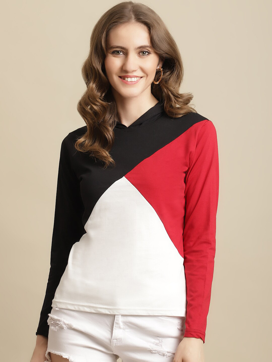 Fabflee Women Colourblocked Long Sleeve Cotton Sweatshirt Soft Casual T-shirt