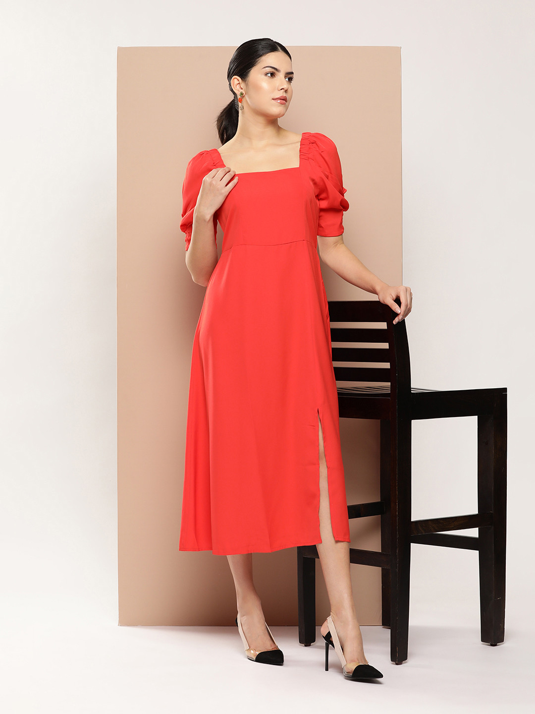 her by invictus Puff Sleeve A-Line Midi Dress