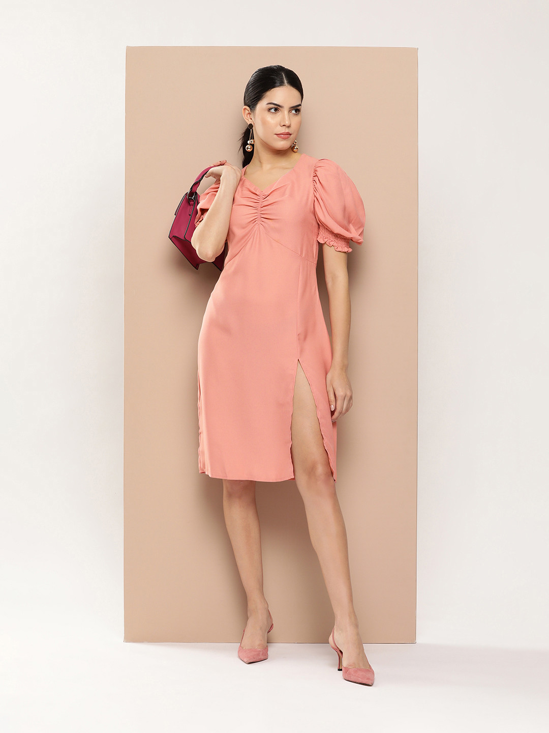 her by invictus Puff Sleeve A-Line Midi Dress