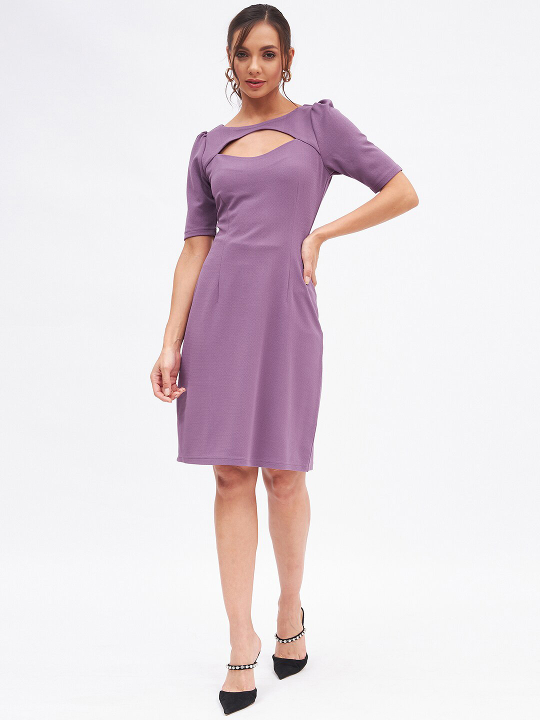 Kibo Front Neck Cut-out Puff Sleeves Bodycon Dress