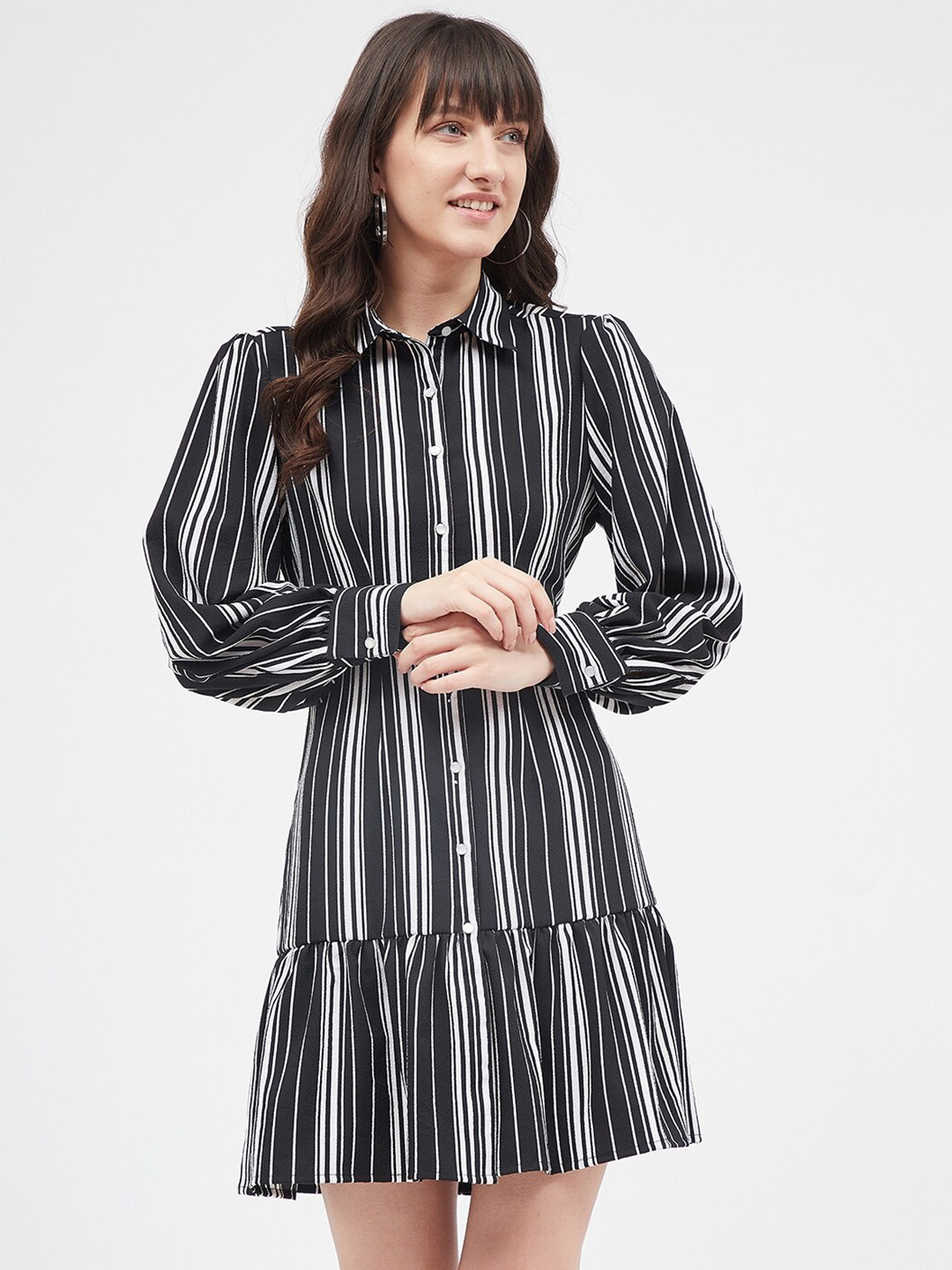 Kibo Striped Cuff Sleeves Shirt Dress