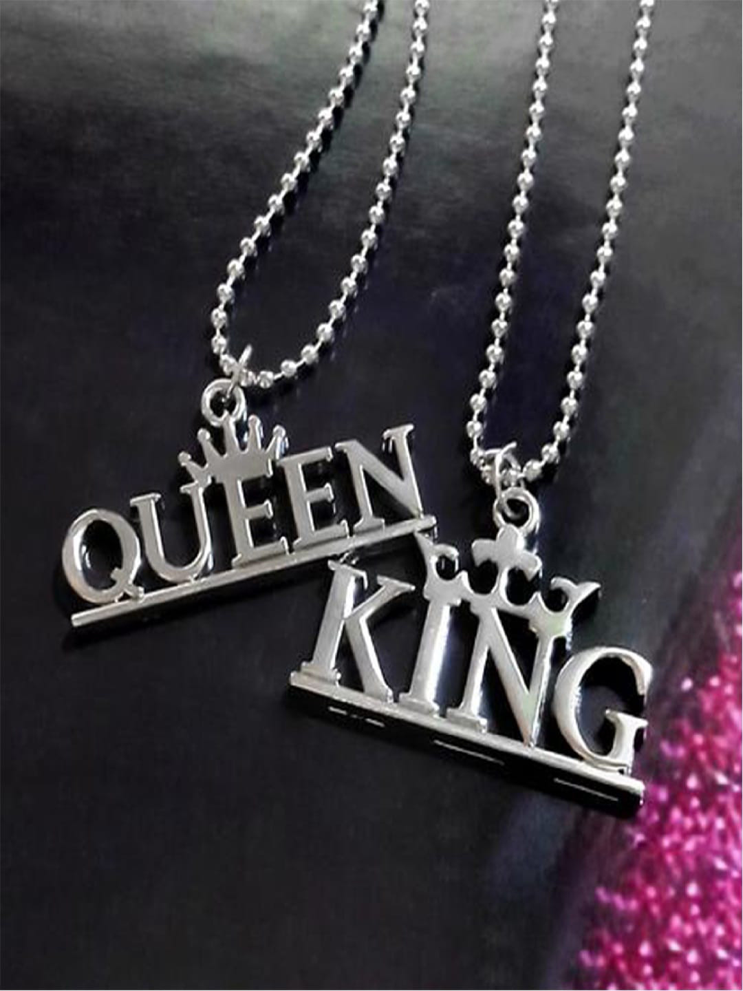 Mahi Set Of 2 Rhodium-Plated King & Queen Couple Pendants With Chain
