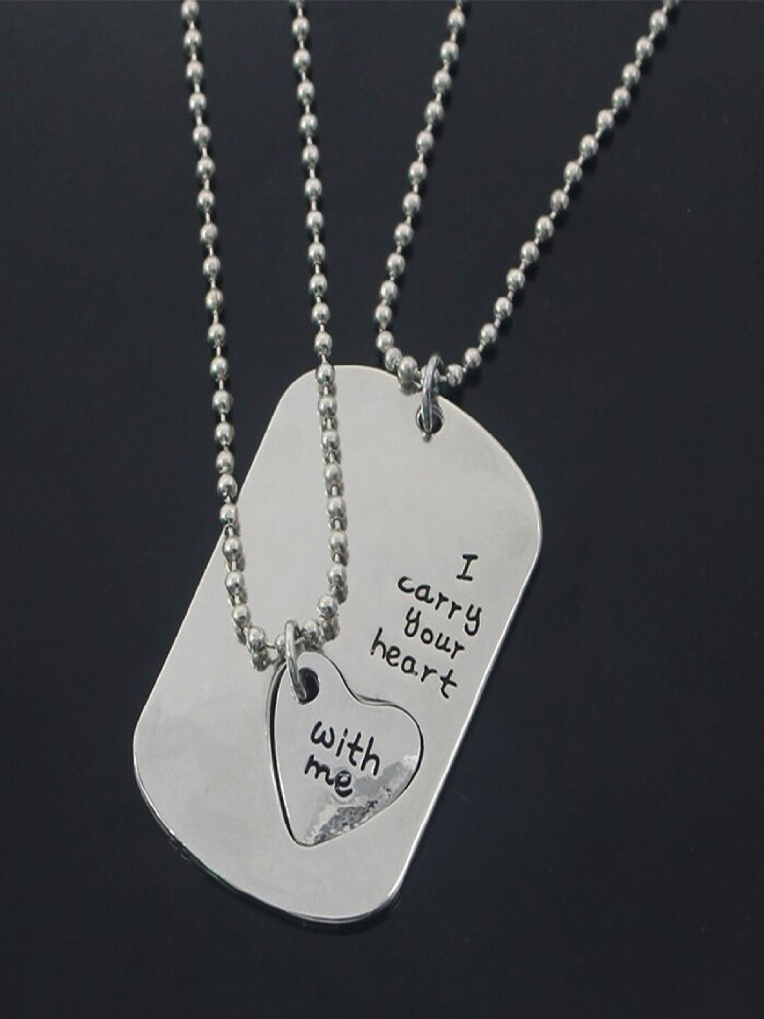 Mahi Set Of 2 Rhodium-Plated Magnetic Heart Couple Pendants With Chain