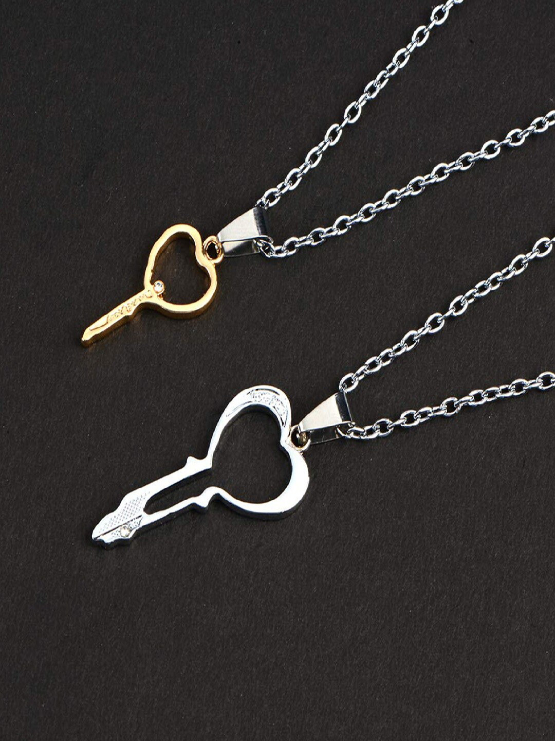 Mahi Set Of 2 Rhodium-Plated Heart Key Shaped Couple Pendants With Chain