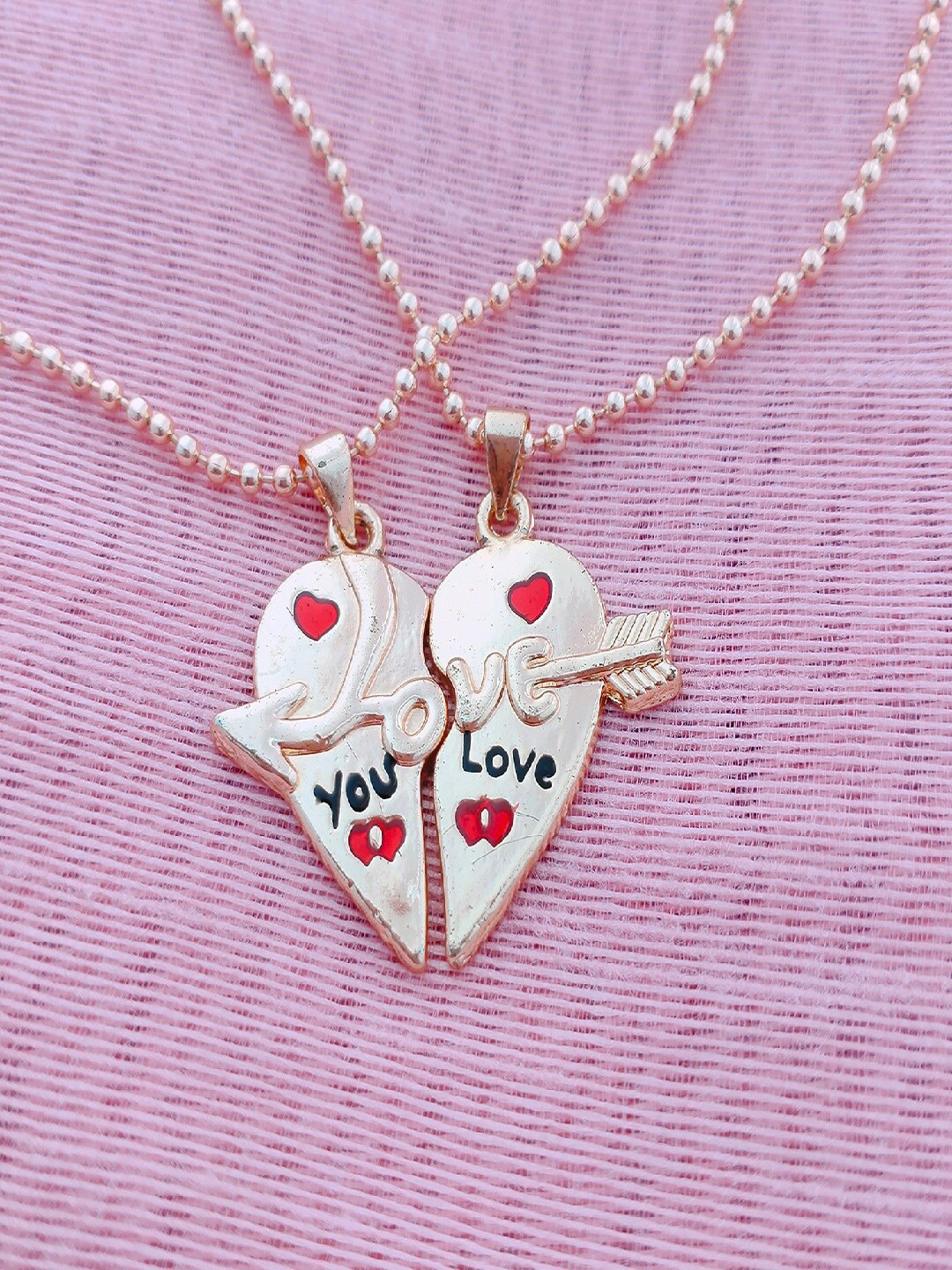 Mahi Set Of 2 Rose Gold-Plated Love & You Broken Heart Couple Pendants With Chains