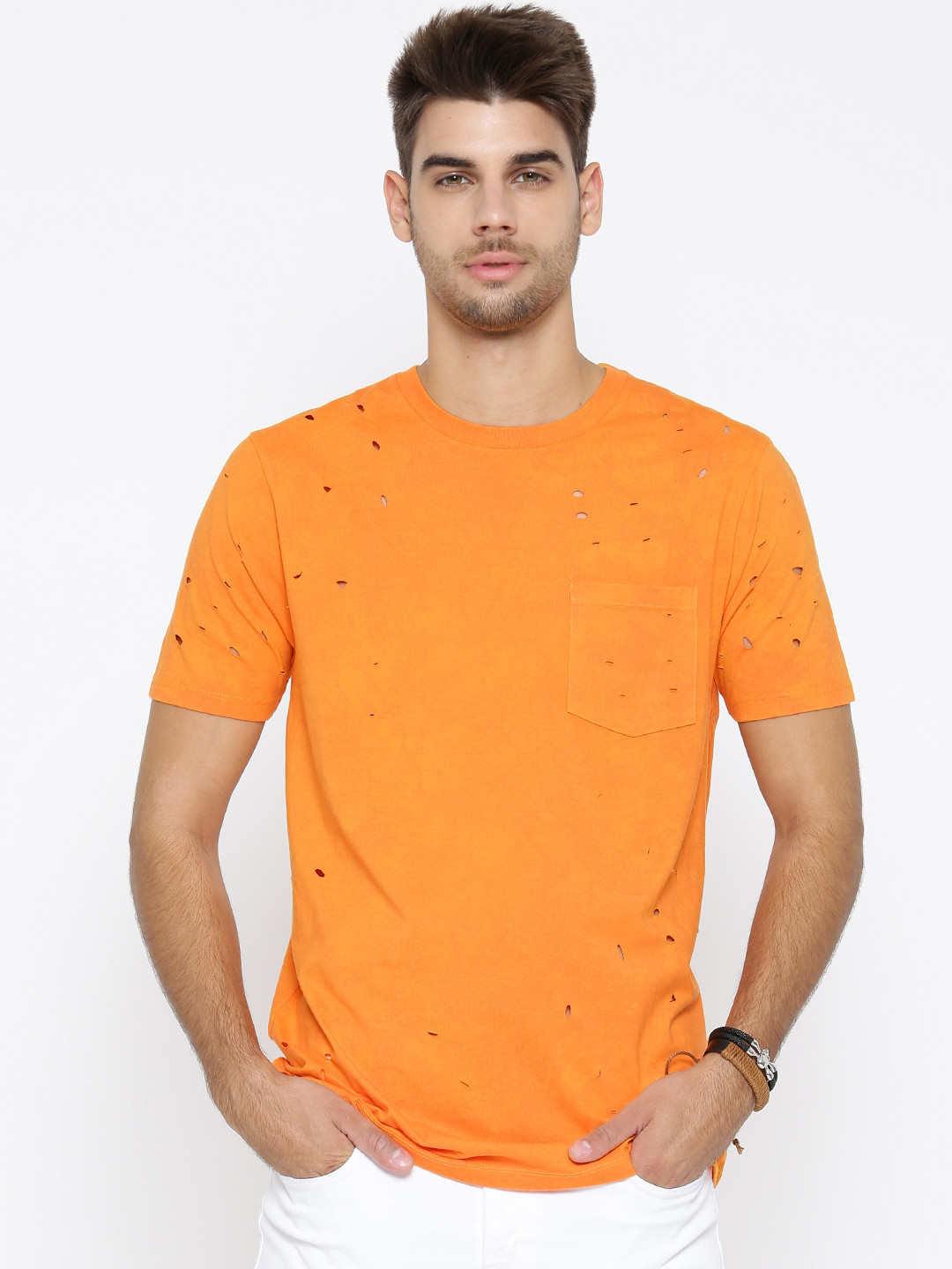 FOREVER 21 Men Orange Solid Round Neck 