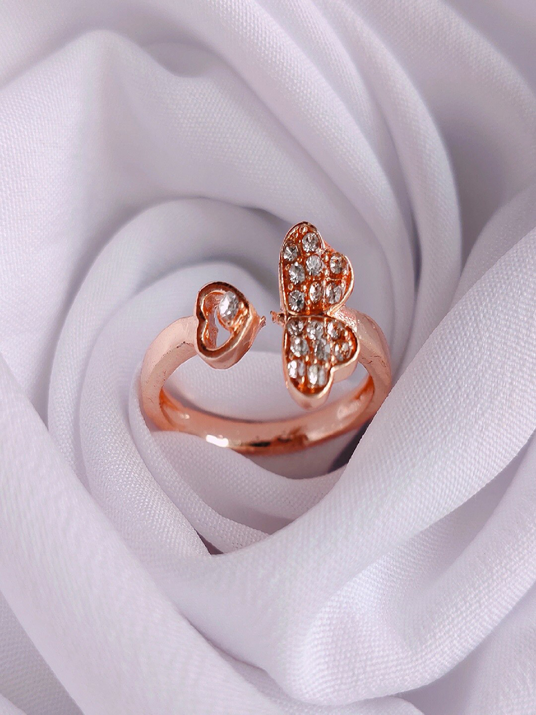 Mahi Rose Gold-Plated & Stone-Studded Triple Heart Adjustable Finger Ring