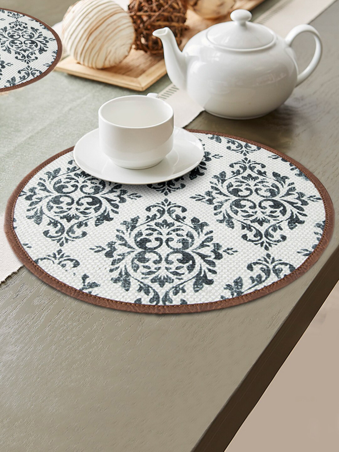 Mona B Trellis Set Of 2 White & Green Printed Cotton Table Placemats