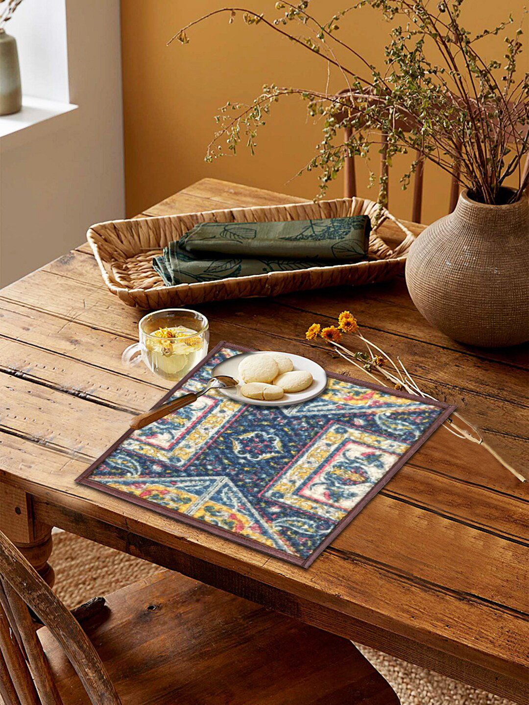 Mona B Blue Set Of 2 Printed Cotton Dining Table Placemats