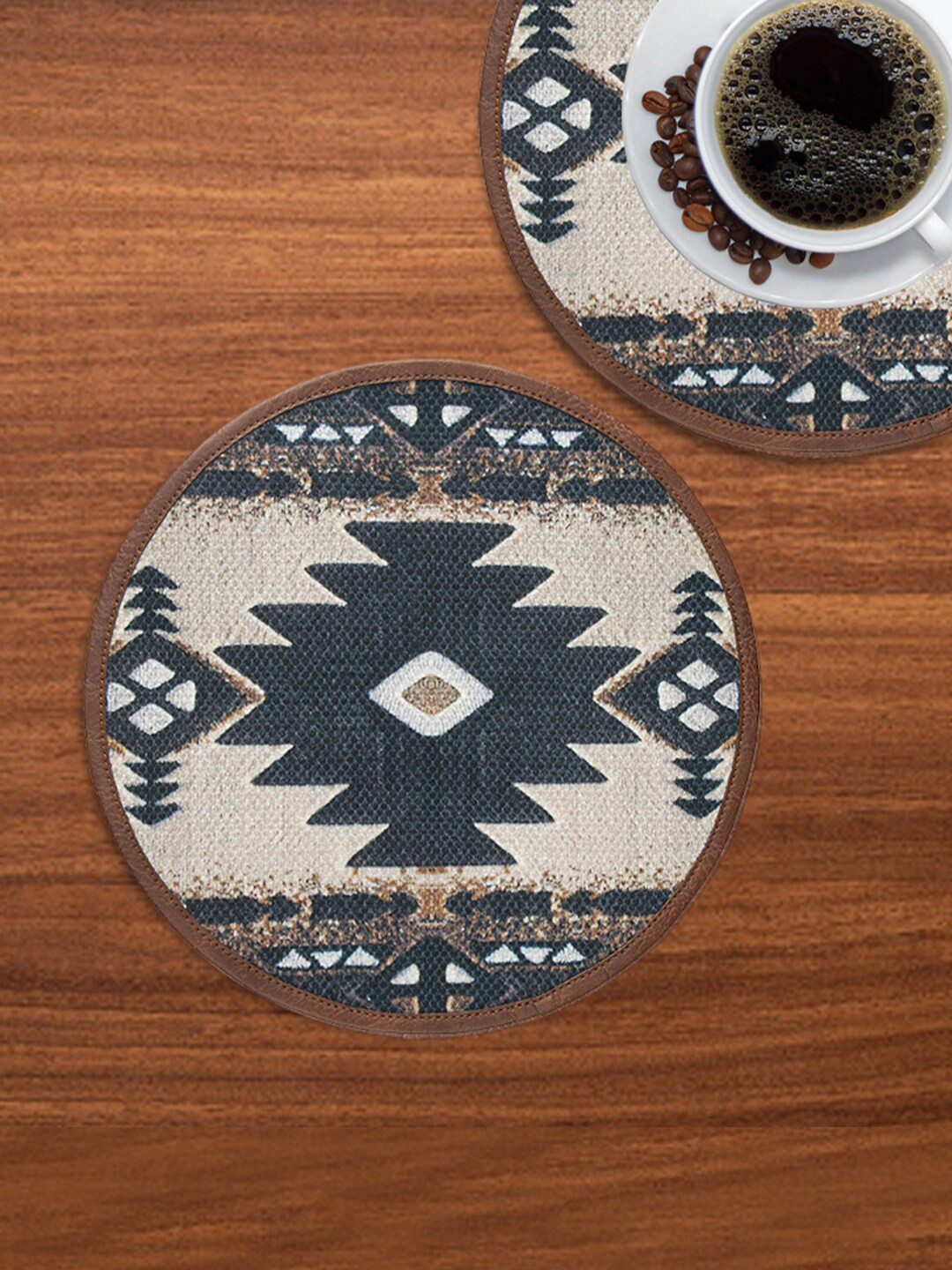 Mona B Geo Beige & Green Set Of 2 Printed Cotton Table Placemats