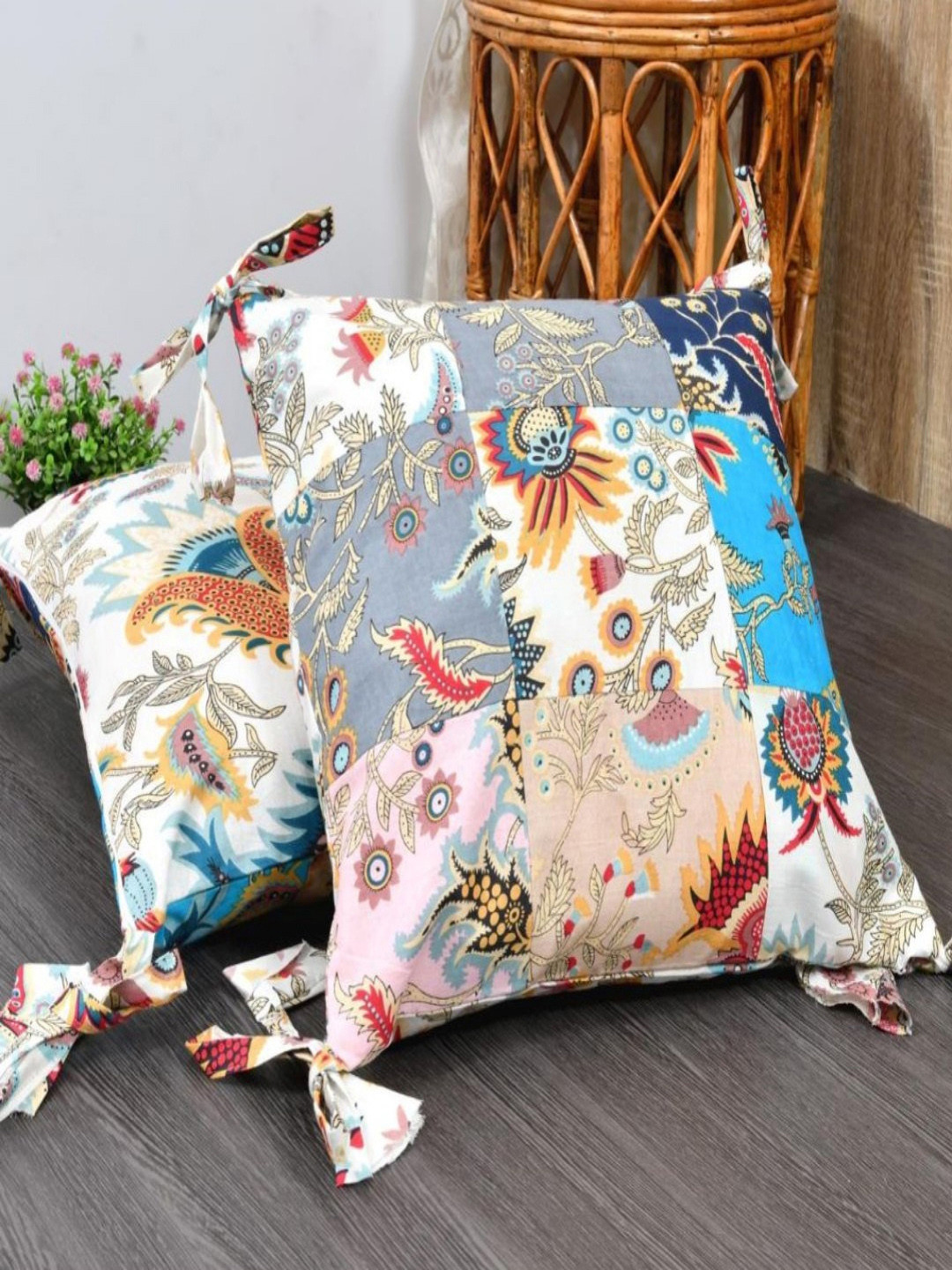 INDHOME LIFE Grey & White Set of 2 Reversible Tassels Patch Work Cotton Cushion Covers