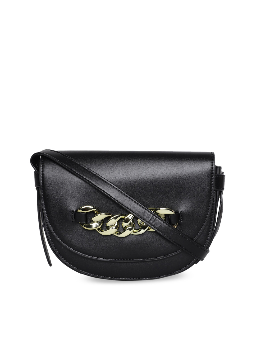 Beverly Hills Polo Club Black Leather Half Moon Crossbody Bag with Metal Accent