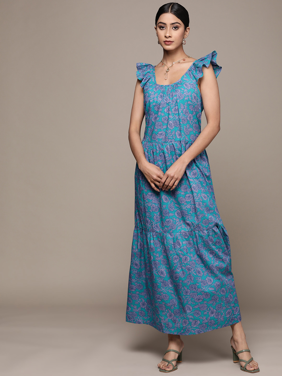 Label Ritu Kumar Blue Floral Cotton Maxi Dress