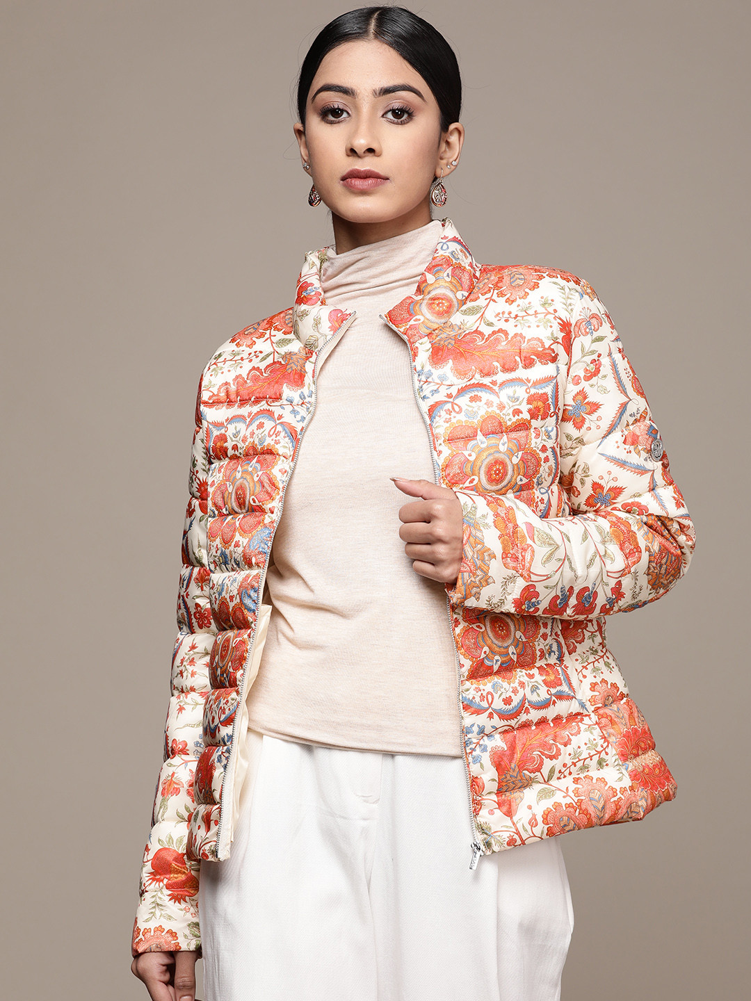 Label Ritu Kumar Women Off White Orange Floral Jacket